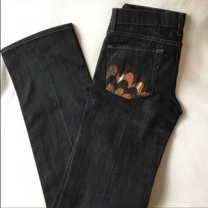 Y2K Tall Dark Denim Straight Flare 7 For All Mankind Metallic Jeans Long 27
